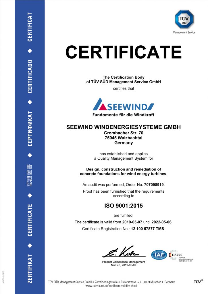 TÜV Süd ISO 9001 Certificate for SEEWIND Germany